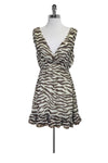 Polyester Animal Print V Back Flowy Plunging Neck Elasticized Waistline Dress With Ruffles