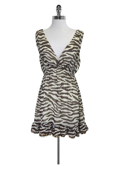 Plunging Neck Polyester Elasticized Waistline Flowy V Back Animal Print Dress With Ruffles