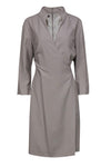 V-neck Silk Hidden Back Zipper Faux Wrap Long Sleeves Dress