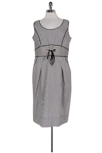 Sleeveless Striped Print Piping Hidden Back Zipper Pocketed Drawstring Above the Knee Round Neck Sheath Sheath Dress