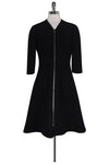 V-neck Collared Shift Winter Wool Front Zipper Little Black Dress