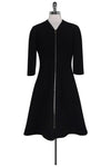 V-neck Collared Front Zipper Winter Shift Wool Little Black Dress