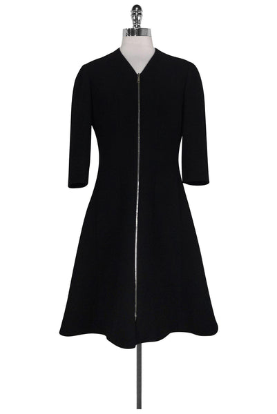 V-neck Collared Front Zipper Shift Wool Winter Little Black Dress