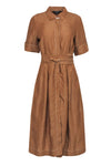 Misses Short Sleeves Sleeves Linen Summer Button Front Fitted Belted Pocketed Fit-and-Flare Collared Midi Dress