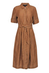 Misses Summer Short Sleeves Sleeves Collared Linen Fitted Pocketed Belted Button Front Fit-and-Flare Midi Dress