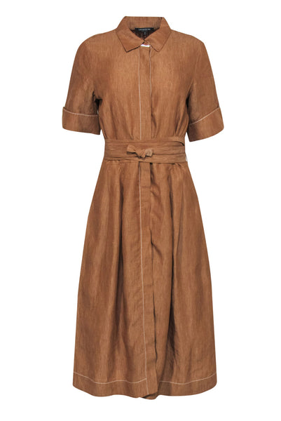 Misses Summer Short Sleeves Sleeves Collared Linen Fitted Pocketed Belted Button Front Fit-and-Flare Midi Dress
