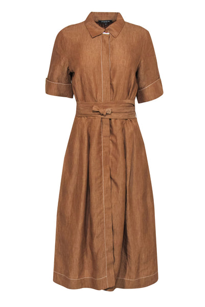 Misses Pocketed Button Front Belted Fitted Summer Collared Short Sleeves Sleeves Linen Fit-and-Flare Midi Dress