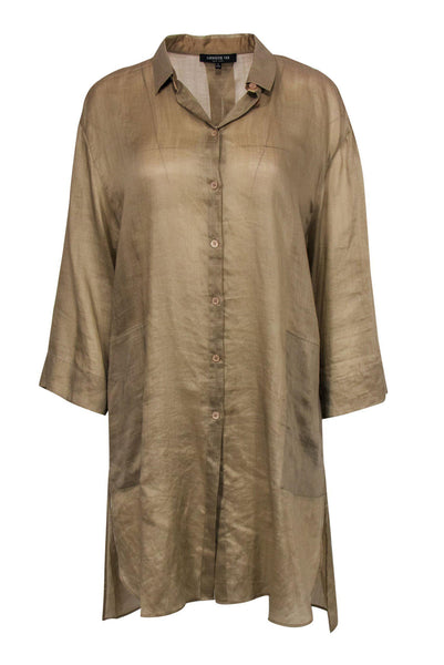 Collared Long Sleeves Pocketed Button Front Linen Tunic