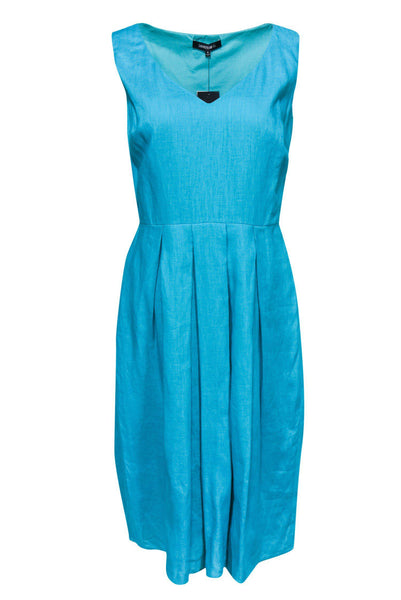 V-neck Hidden Side Zipper Pleated Flared-Skirt Sleeveless Linen Summer Dress