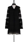 V-neck Sheer Sleeves High-Neck Lace Flowy Semi Sheer Pleated V Back Little Black Dress