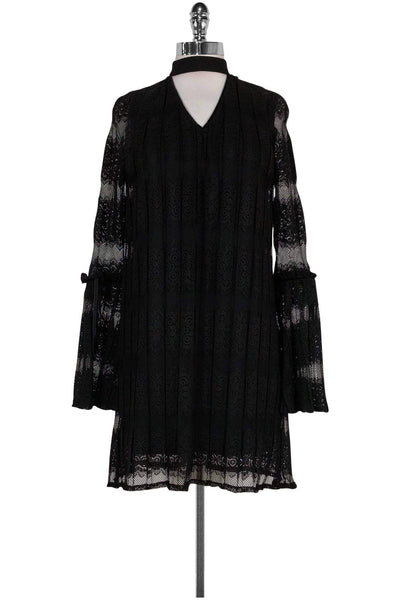 V-neck High-Neck Lace Semi Sheer Flowy Pleated V Back Sheer Sleeves Little Black Dress