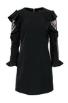 Mesh Round Neck Shift Cocktail Long Sleeves Little Black Dress With Ruffles