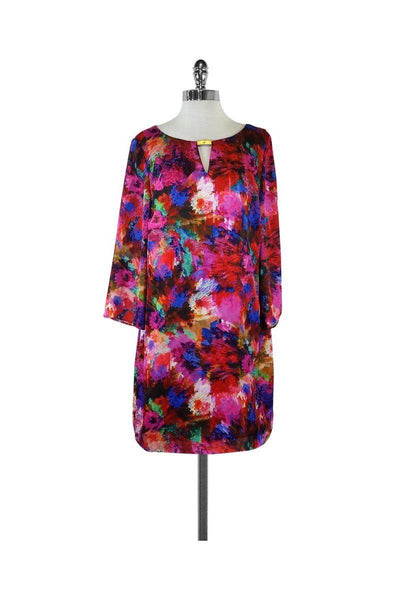 3/4 Sleeves Polyester Abstract Print Keyhole Shift Round Neck Evening Dress