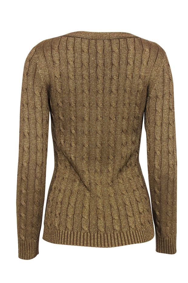 Lauren Ralph Lauren - Gold Metallic Cable Knit Sweater w/ Buttons Sz M –  Current Boutique