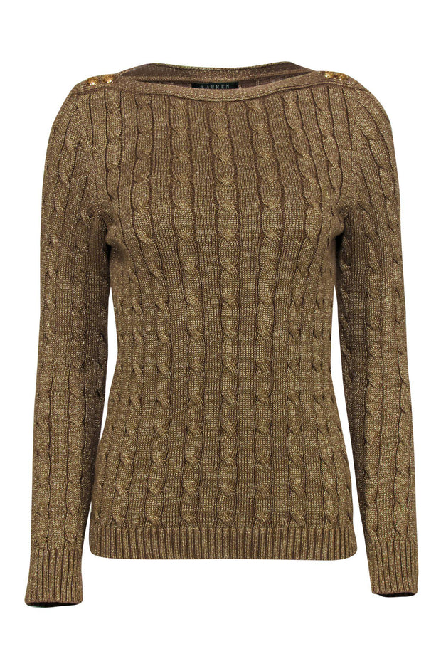 Lauren Ralph Lauren - Gold Metallic Cable Knit Sweater w/ Buttons Sz M –  Current Boutique