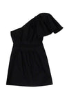 One Shoulder Side Zipper Cocktail Above the Knee Little Black Dress With a Ribbon and Ruffles