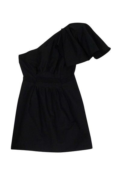 One Shoulder Cocktail Above the Knee Side Zipper Little Black Dress With a Ribbon and Ruffles