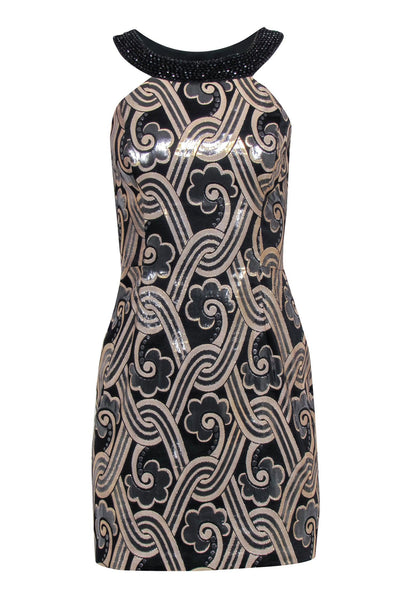 Tall Sophisticated Cocktail Dog Print Back Zipper Beaded Sleeveless Party Dress