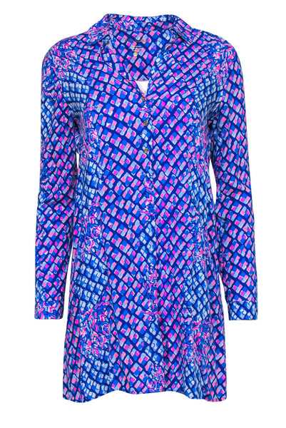 V-neck Button Front Pocketed Rayon Collared Shift Long Sleeves General Print Shirt Dress