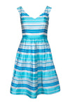 V-neck Striped Print Fit-and-Flare Silk Pocketed V Back Fitted Pleated Dress