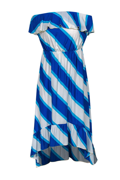 Strapless Striped Print High-Low-Hem Sleeveless Beaded Polyester Midi Dress With Ruffles