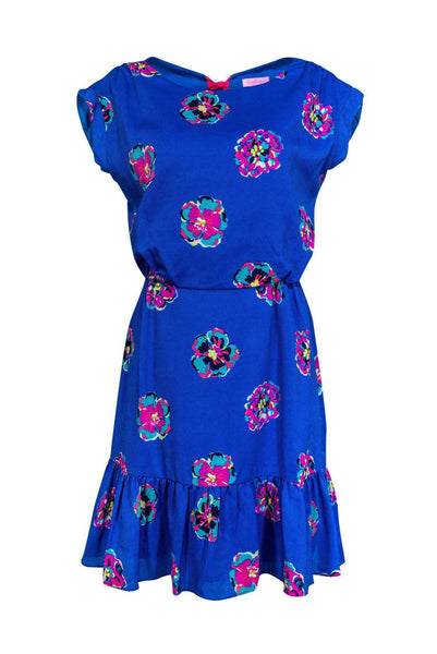 Elasticized Waistline Abstract Floral Print Round Neck Short Sleeves Sleeves Keyhole Dress With a Bow(s) and Ruffles