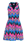 A-line V-neck Button Front Pocketed Pleated Vintage Fitted Zig Zag Print Full-Skirt Fit-and-Flare Collared Dress