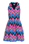 A-line V-neck Full-Skirt Zig Zag Print Fit-and-Flare Button Front Fitted Pleated Vintage Pocketed Collared Dress