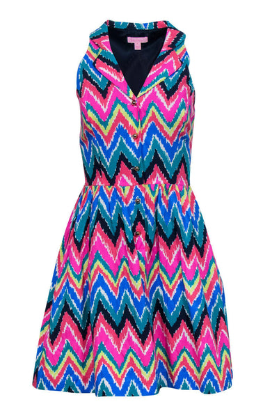 A-line V-neck Collared Zig Zag Print Button Front Pocketed Fitted Pleated Vintage Full-Skirt Fit-and-Flare Dress