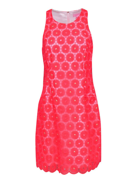 Hidden Back Zipper Embroidered Round Neck Sheath Sleeveless Floral Print Polyester Sheath Dress With Pearls