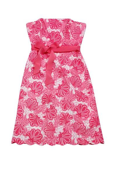 Strapless Belted Floral Print Cotton Elasticized Waistline Summer Dress With a Ribbon