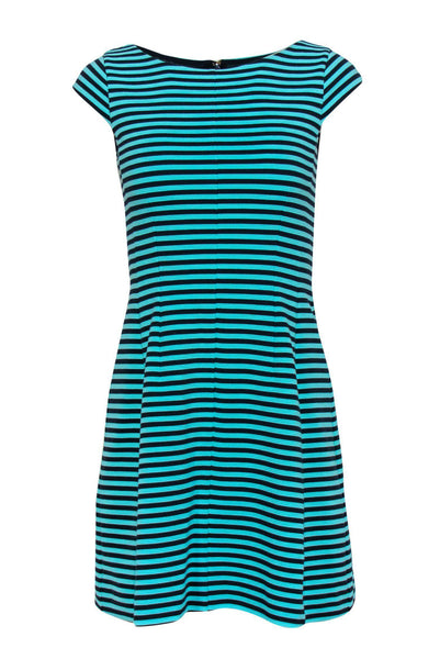 Cocktail Striped Print Fit-and-Flare Round Neck Cap Sleeves Fitted Hidden Back Zipper Party Dress