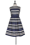 Striped Print Flared-Skirt Silk Above the Knee Hidden Back Zipper V Back Dress