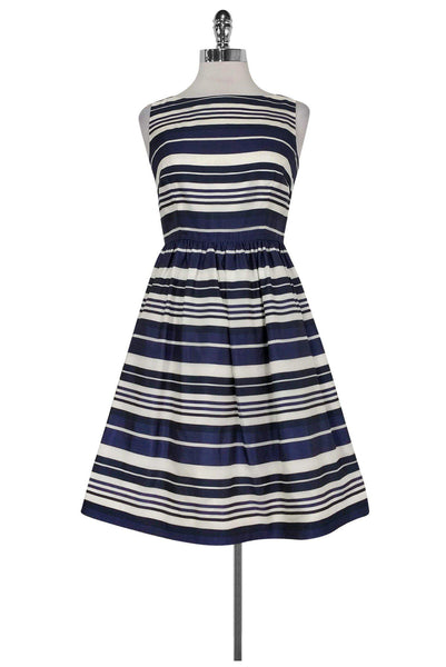 Silk Flared-Skirt Hidden Back Zipper V Back Above the Knee Striped Print Dress