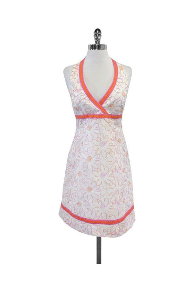 V-neck Hidden Back Zipper Halter Floral Print Cotton Dress