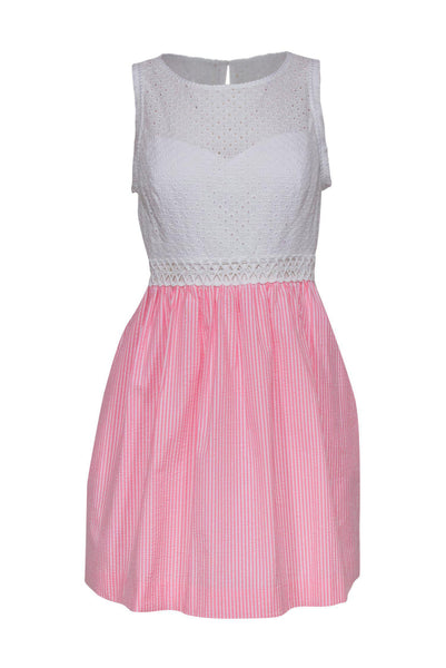 Round Neck Hidden Back Zipper Fitted Cutout Pocketed Fit-and-Flare Frill Trim Striped Print Summer Sleeveless Dress