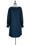 Long Sleeves Collared Silk Shift Button Front Pleated Dress