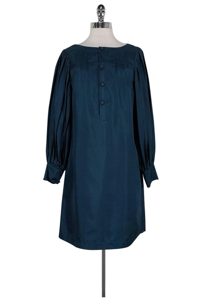 Long Sleeves Pleated Button Front Shift Silk Collared Dress