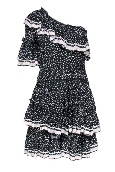 Floral Print Short Bell Sleeves One Shoulder Tiered Hidden Side Zipper Viscose Dress With Ruffles