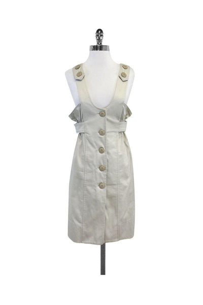 Button Front Elasticized Waistline Sleeveless Pinafore Dress