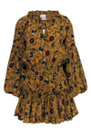 Viscose Floral Print Short Dropped Waistline Flared-Skirt Puff Sleeves Sleeves Tiered Lace-Up Dress With Ruffles