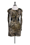 Animal Print Round Neck Sequined Back Zipper Long Sleeves Silk Party Dress