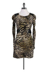 Sequined Back Zipper Round Neck Long Sleeves Silk Animal Print Party Dress