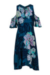 Viscose Button Front Keyhole Summer Tropical Print Cold Shoulder Sleeves Round Neck Dress With Ruffles