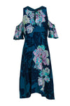 Tropical Print Viscose Summer Cold Shoulder Sleeves Button Front Keyhole Round Neck Dress With Ruffles