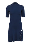 A-line Stretchy Ribbed Button Front Short Sleeves Sleeves Mock Neck Dress