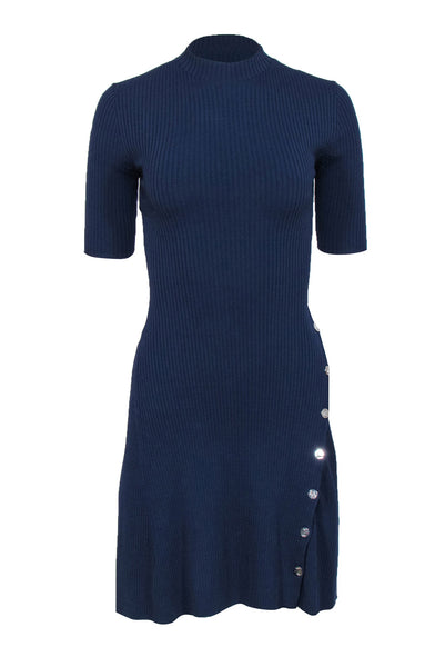 A-line Button Front Stretchy Ribbed Short Sleeves Sleeves Mock Neck Dress