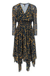 V-neck Smocked General Print Elasticized Waistline Long Sleeves Polyester Midi Dress
