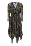 V-neck Smocked Polyester Elasticized Waistline Long Sleeves General Print Midi Dress