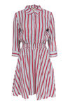 Viscose Collared Ruched Lace-Up Wrap Button Front 3/4 Sleeves Striped Print Shirt Dress